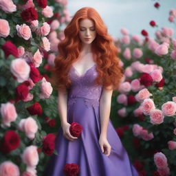 A beautiful young lady in her thirties with long, wavy red hair, wearing a violet gown, standing in a sea of roses