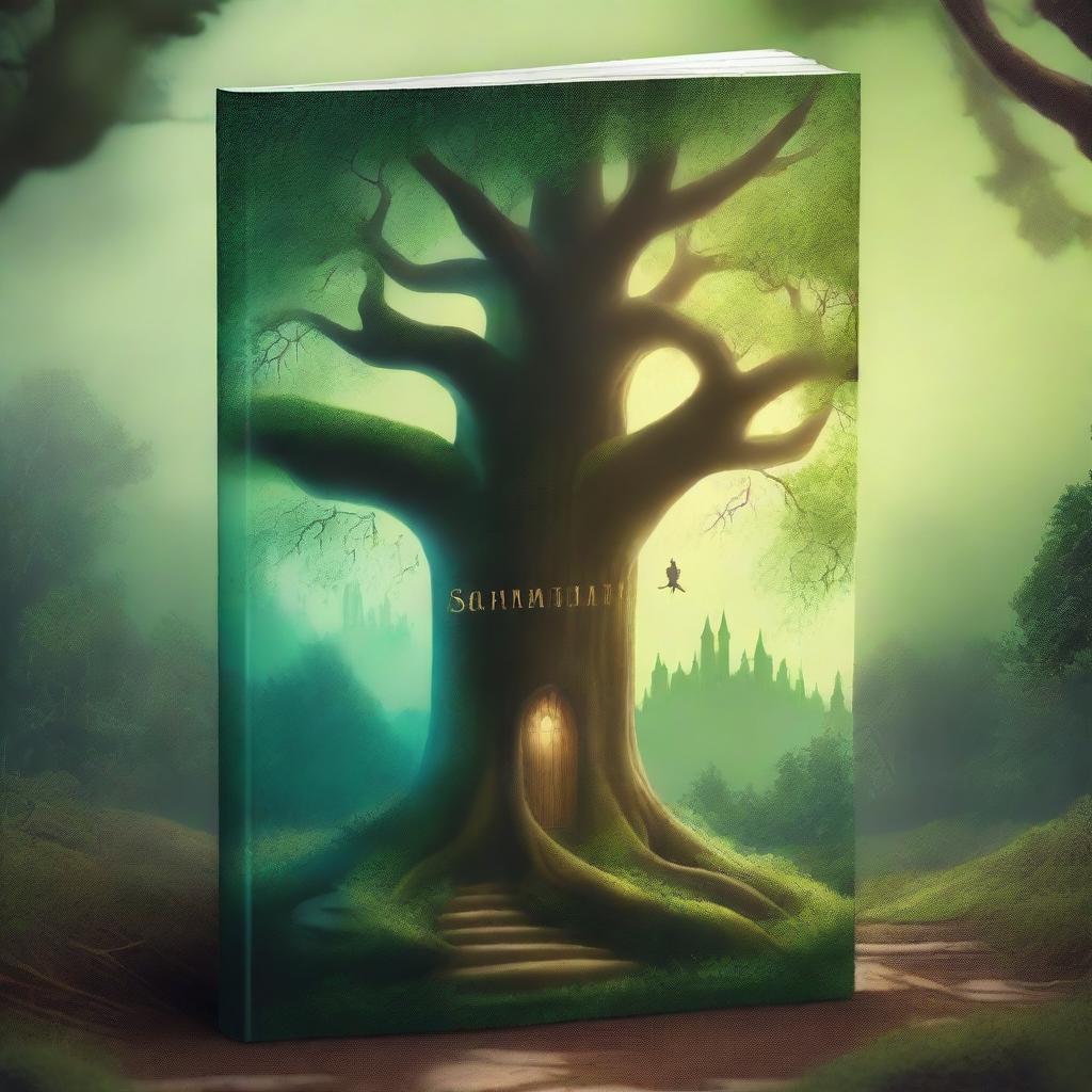 Create a captivating book cover featuring a magical forest with towering trees, glowing plants, and a mysterious pathway leading to an ancient castle in the distance