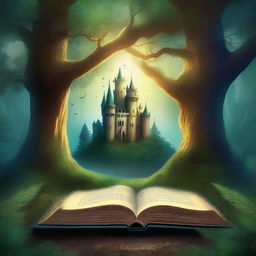 Create a captivating book cover featuring a magical forest with towering trees, glowing plants, and a mysterious pathway leading to an ancient castle in the distance