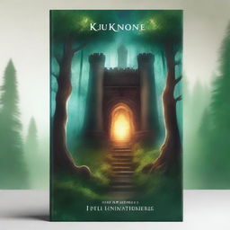 Create a captivating book cover featuring a magical forest with towering trees, glowing plants, and a mysterious pathway leading to an ancient castle in the distance