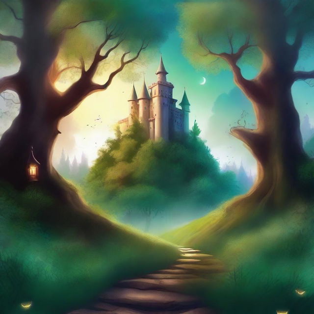 Create a captivating book cover featuring a magical forest with towering trees, glowing plants, and a mysterious pathway leading to an ancient castle in the distance