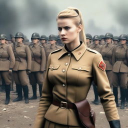 A beautiful young lady with golden hair in a ponytail, wearing Nazi attire and holding up a revolver, standing in front of a battalion