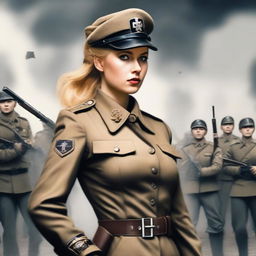 A beautiful young lady with golden hair in a ponytail, wearing Nazi attire and holding up a revolver, standing in front of a battalion