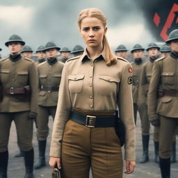 A beautiful young lady with golden hair in a ponytail, wearing Nazi attire and holding up a revolver, standing in front of a battalion