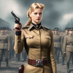 A beautiful young lady with golden hair in a ponytail, wearing Nazi attire and holding up a revolver, standing in front of a battalion