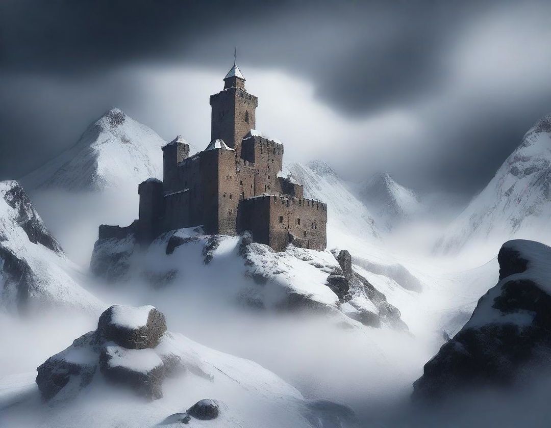 An ancient castle perched on a snowy mountain, enveloped in a storm blizzard