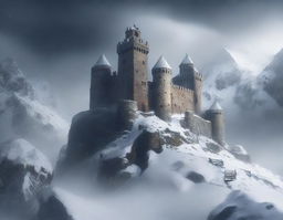 An ancient castle perched on a snowy mountain, enveloped in a storm blizzard