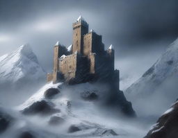 An ancient castle perched on a snowy mountain, enveloped in a storm blizzard