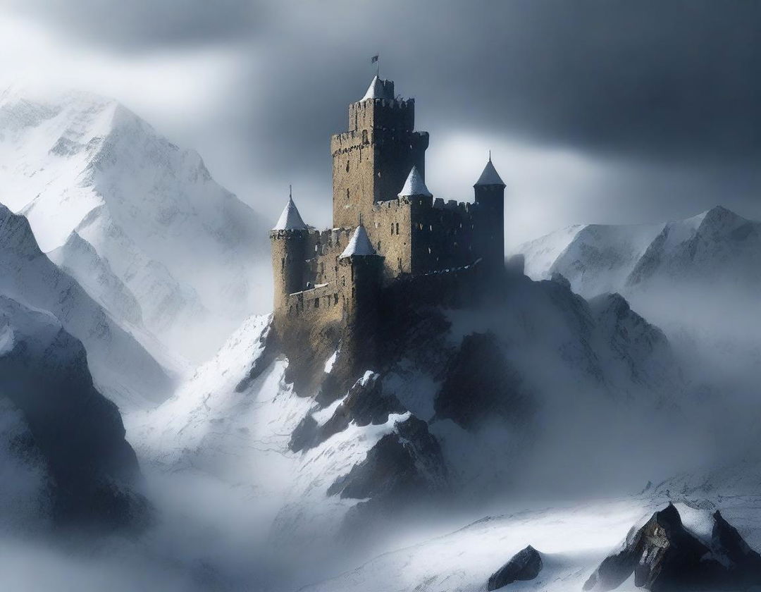 An ancient castle perched on a snowy mountain, enveloped in a storm blizzard