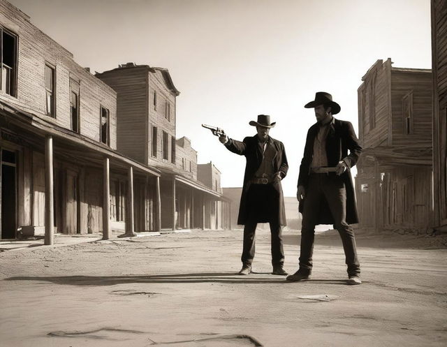 Two men holding revolvers in an abandoned town, facing each other in a classic duel stance