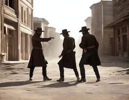 Two men holding revolvers in an abandoned town, facing each other in a classic duel stance