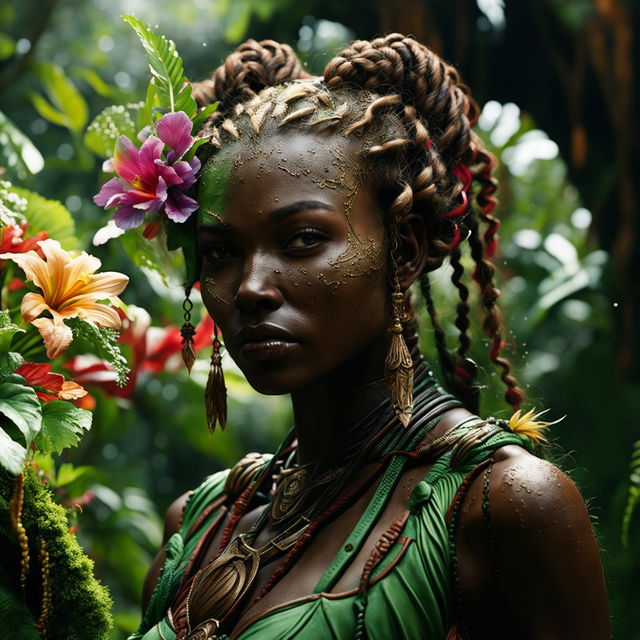 Hyper-realistic 3D image of a zoomed-out view of a different African elf woman with braids in a rococo outfit, standing in a vibrant, magical African jungle. Her face is intricately detailed, and the image is shot with immaculate composition and lighting.