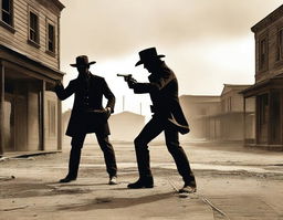 Two men holding revolvers in an abandoned town, facing each other in a classic duel stance