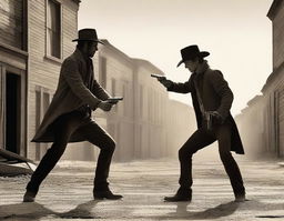 Two men holding revolvers in an abandoned town, facing each other in a classic duel stance