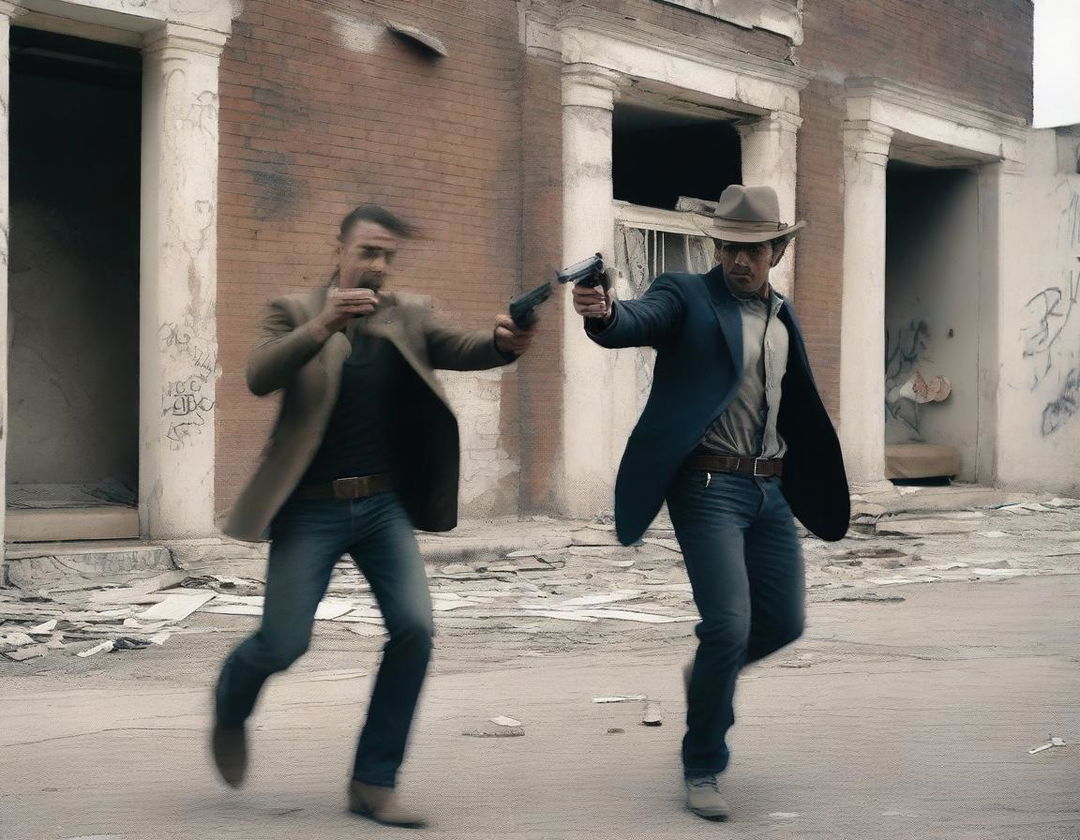 Two men holding revolvers having a gunfight in an abandoned town set in the modern era