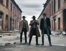 Two men holding revolvers having a gunfight in an abandoned town set in the modern era