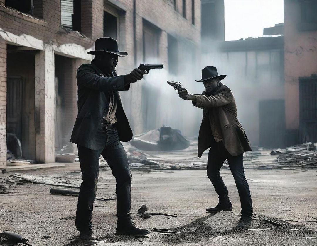 Two men holding revolvers having a gunfight in an abandoned town set in the modern era