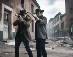 Two men holding revolvers having a gunfight in an abandoned town set in the modern era