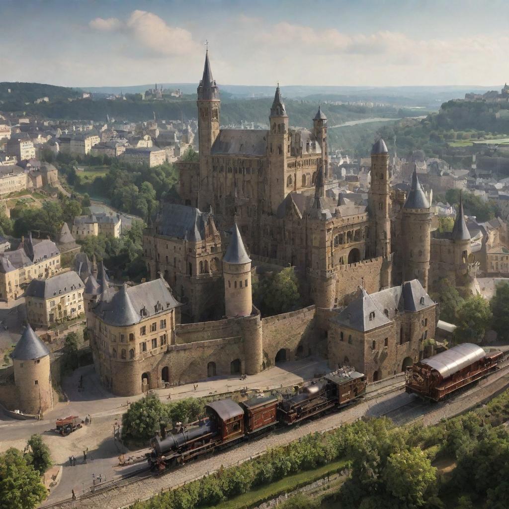 A conceptual vision of Luxembourg blending with a steampunk world, featuring the cityscape of Luxembourg City integrated with vintage machinery, vast vineyards hosting steam-driven equipment, and fortresses modified with period-appropriate gadgetry.