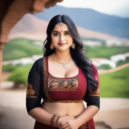 A 24-year-old curvy Indian woman with dark brown eyes and black hair