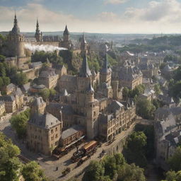 A conceptual vision of Luxembourg blending with a steampunk world, featuring the cityscape of Luxembourg City integrated with vintage machinery, vast vineyards hosting steam-driven equipment, and fortresses modified with period-appropriate gadgetry.