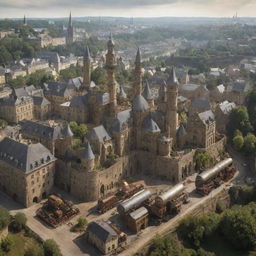 A conceptual vision of Luxembourg blending with a steampunk world, featuring the cityscape of Luxembourg City integrated with vintage machinery, vast vineyards hosting steam-driven equipment, and fortresses modified with period-appropriate gadgetry.