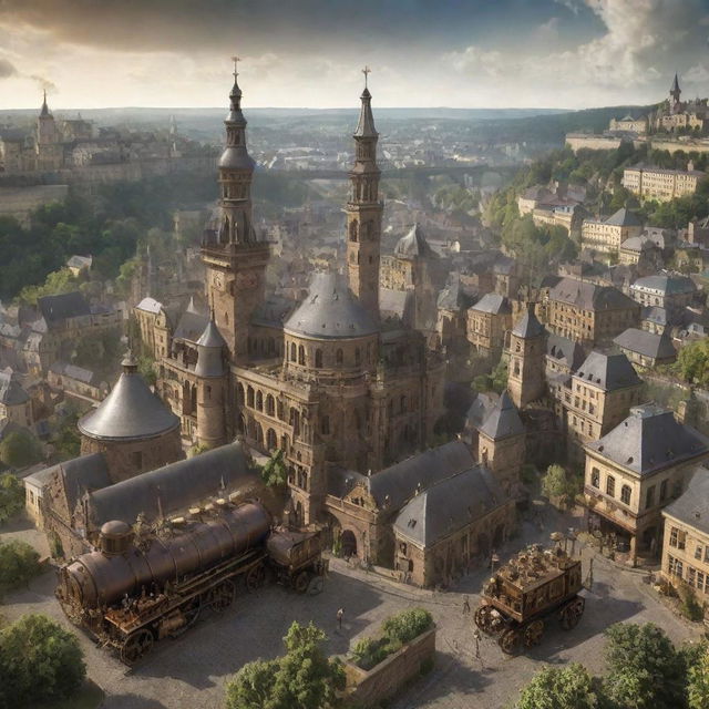 A conceptual vision of Luxembourg blending with a steampunk world, featuring the cityscape of Luxembourg City integrated with vintage machinery, vast vineyards hosting steam-driven equipment, and fortresses modified with period-appropriate gadgetry.