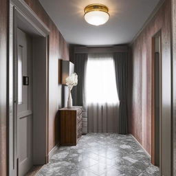 A rectangular hall featuring grey marble tiled flooring, fuscous grey walls, a wooden window and door adorned with elegant curtains, two light fans, a wall-mounted clock and picture frame, a corner lamp, and a TV unit matching the door wall.