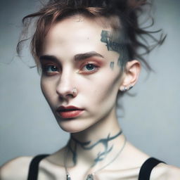 A skinny girl with a piercing, possibly in her nose or ear