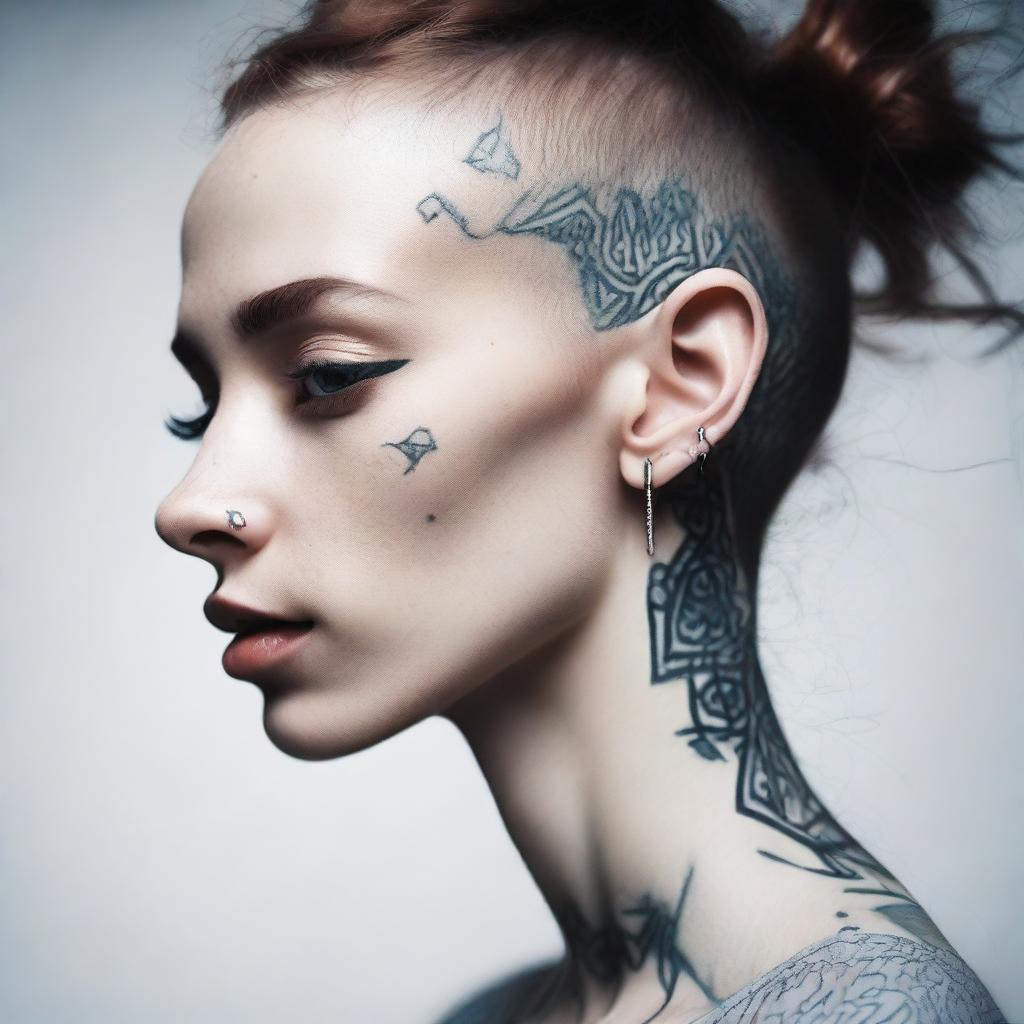 A skinny girl with a piercing, possibly in her nose or ear