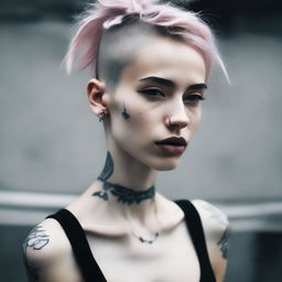 A skinny girl with a piercing, possibly in her nose or ear