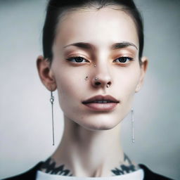 A skinny girl with a piercing, possibly in her nose or ear