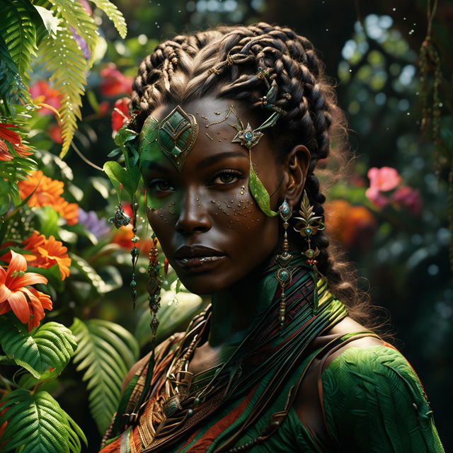 Hyper-realistic 3D image of a zoomed-out view of a different African elf woman with braids in a rococo outfit, standing in a vibrant, magical African jungle. Her face is more intricately detailed, and the image is shot with an intense, immaculate composition and lighting.