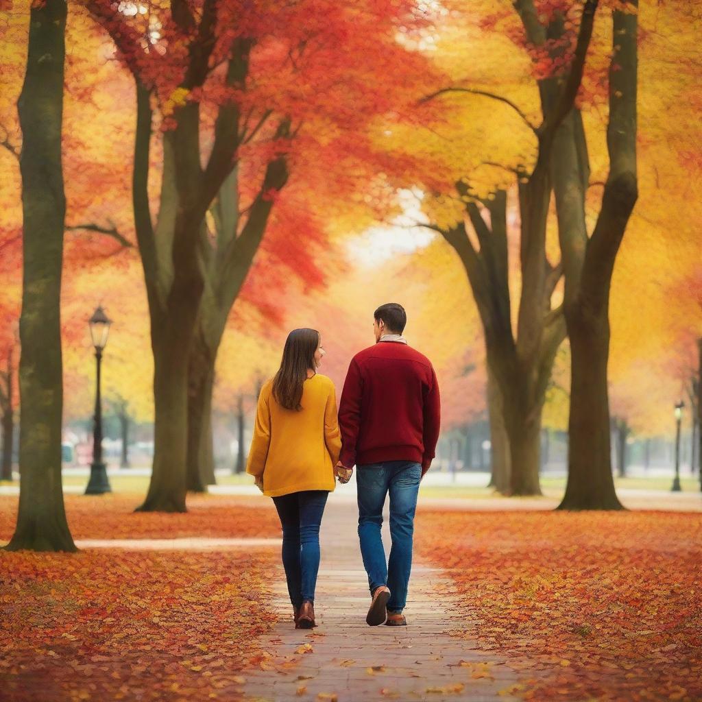 A heartwarming image of a couple holding hands and walking together in a beautiful park during autumn