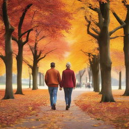 A heartwarming image of a couple holding hands and walking together in a beautiful park during autumn