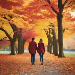 A heartwarming image of a couple holding hands and walking together in a beautiful park during autumn