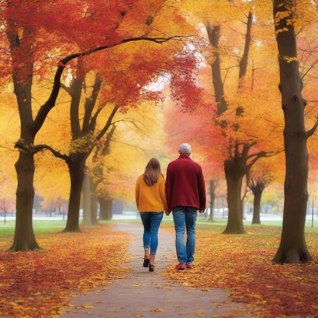 A heartwarming image of a couple holding hands and walking together in a beautiful park during autumn