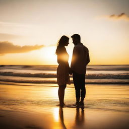 A heartwarming image of a couple enjoying a romantic sunset on the beach