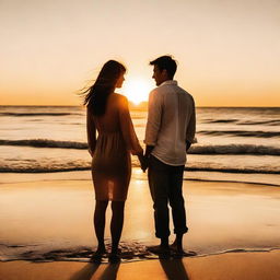 A heartwarming image of a couple enjoying a romantic sunset on the beach