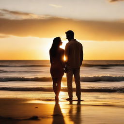 A heartwarming image of a couple enjoying a romantic sunset on the beach