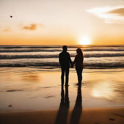 A heartwarming image of a couple enjoying a romantic sunset on the beach