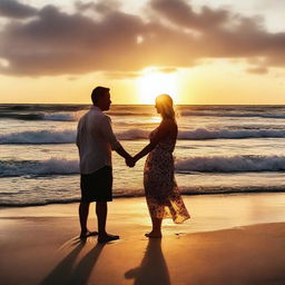 A heartwarming image of a couple enjoying a beautiful sunset together on a beach