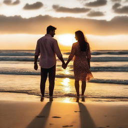 A heartwarming image of a couple enjoying a beautiful sunset together on a beach