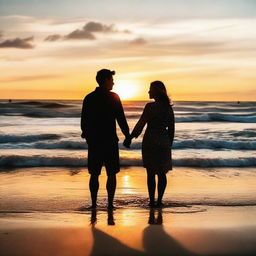 A heartwarming image of a couple enjoying a beautiful sunset together on a beach