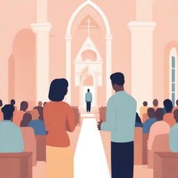 Create an illustration featuring a man and a woman in a church setting, symbolizing equality and gender-responsive policies