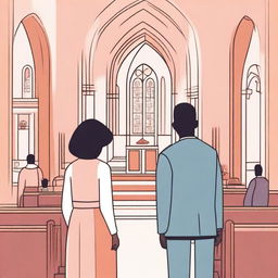 Create an illustration featuring a man and a woman in a church setting, symbolizing equality and gender-responsive policies