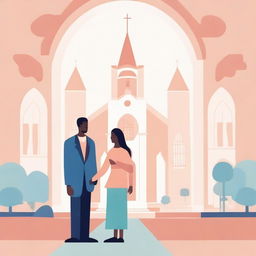 Create an illustration featuring a man and a woman in a church setting, symbolizing equality and gender-responsive policies