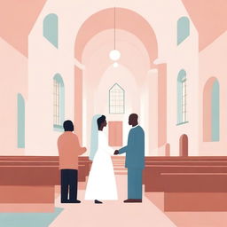 Create an illustration featuring a man and a woman in a church setting, symbolizing equality and gender-responsive policies