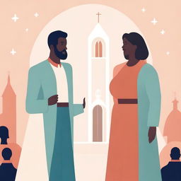 Create an illustration depicting gender equality between men and women in a church setting