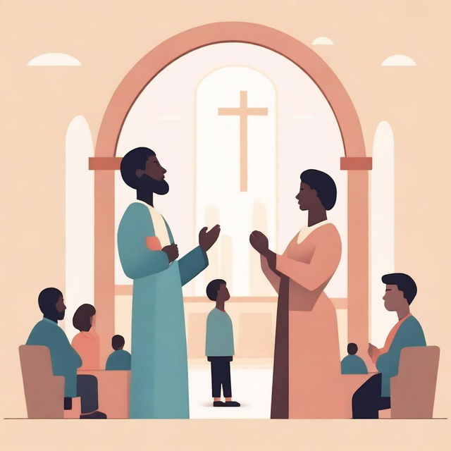 Create an illustration depicting gender equality between men and women in a church setting